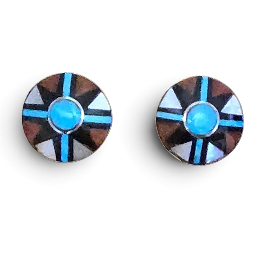 Vintage Zuni Signed Angelena Laahty Turquoise Inlay Multi-stone Earrings